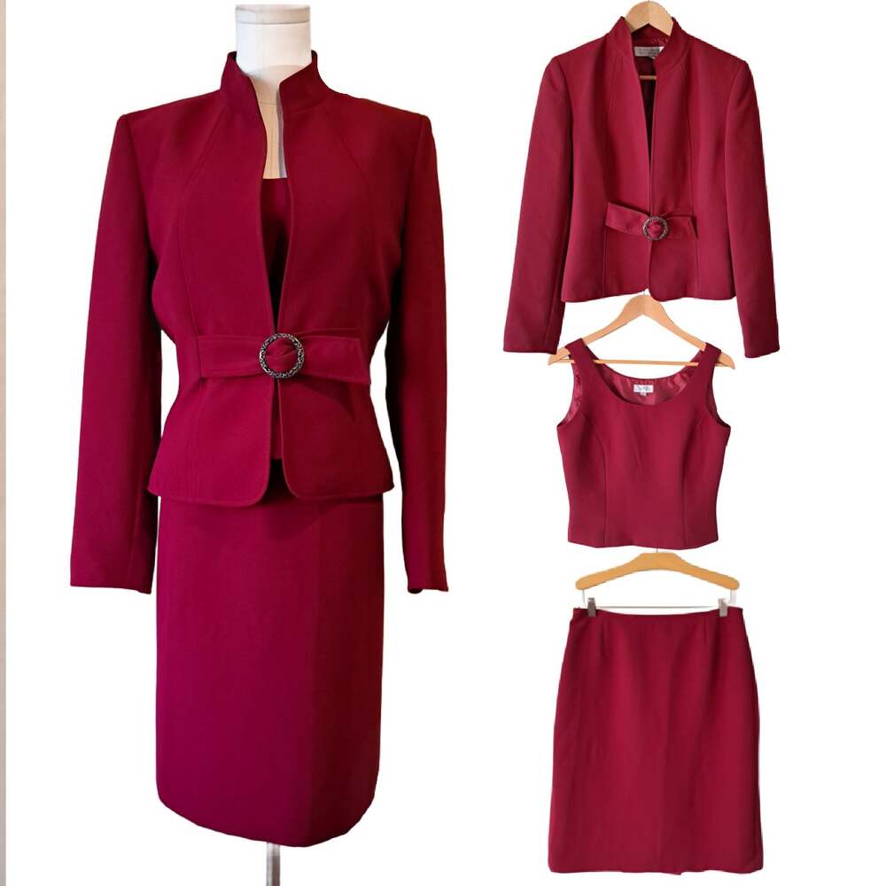 Tahari ASL Red 3-Piece Skirt Suit Size 6/8 Business Special Occasion Jacket Tank